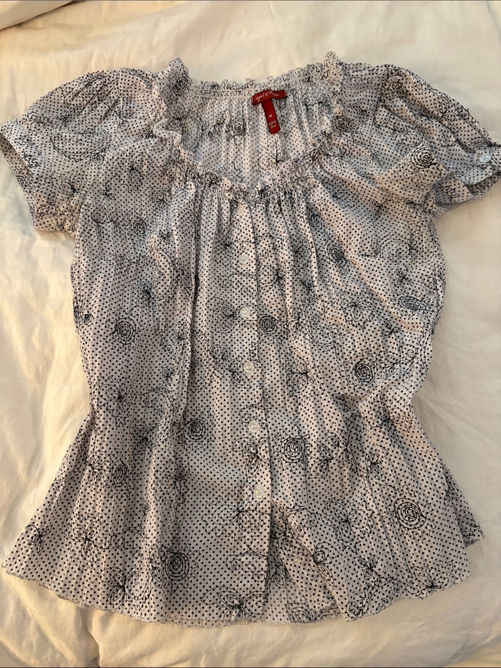Macdougal & Houston White Floral, Embroidered, and Dot Button-front Blouse